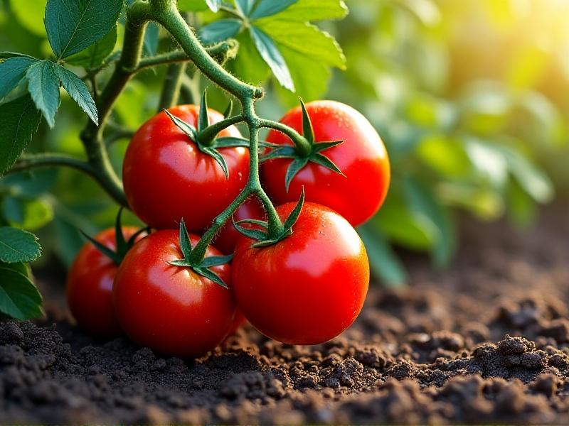 A vibrant display of ripe, red tomatoes on the vine, with lush green leaves and organic soil in the background. The tomatoes glisten with dew, emphasizing their freshness and natural sweetness.
