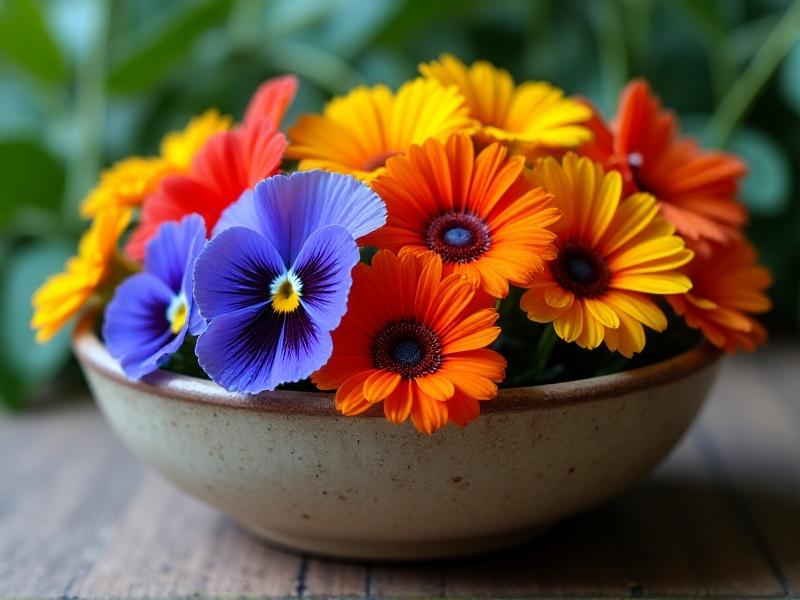 A close-up of various edible flowers, including pansies, nasturtiums, and calendula, arranged in a rustic ceramic bowl. The image highlights their vibrant colors and intricate petal details, with a warm, inviting tone.