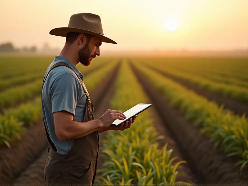 A farmer using a digital seed density calculator on a tablet while standing in a field, with rows of young plants in the background under soft sunlight.