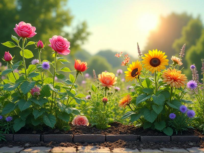 A lush garden bed with various plants growing healthily on biodegradable mats, surrounded by rich soil and a sunny backdrop, showcasing the vibrant green foliage and colorful flowers.