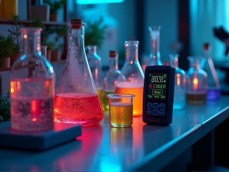 A conceptual image showing various factors contributing to pH imbalance in recirculating systems, including mineral deposits, fish waste, and nutrient solutions. The scene is set in a laboratory environment with test tubes, beakers, and a digital pH meter on a countertop.