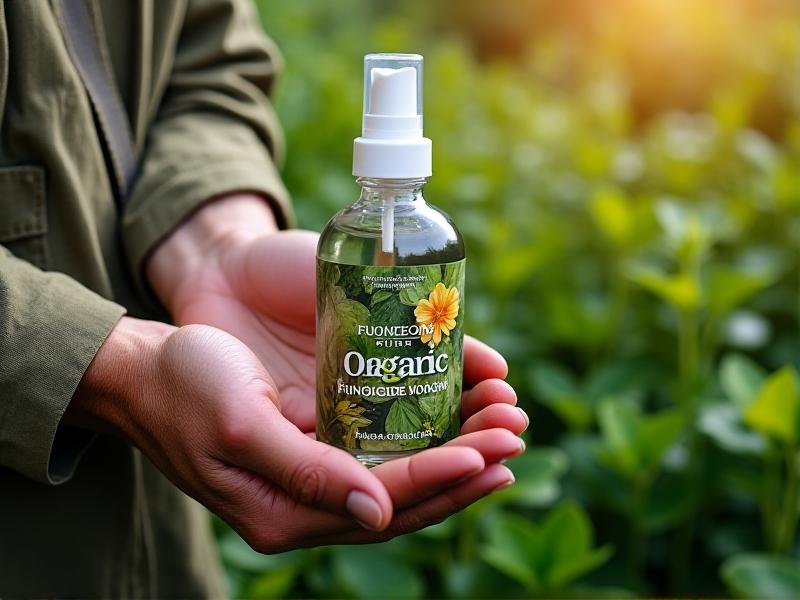 A close-up of a gardener’s hands holding a bottle of organic fungicide spray with green leaves and soil in the background, showcasing natural and eco-friendly gardening practices.