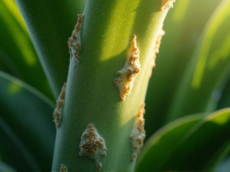 A close-up of a plant stem with visible silica deposits, showing its thick, robust structure, surrounded by lush green leaves, highlighting the role of silica in enhancing stem strength and durability.