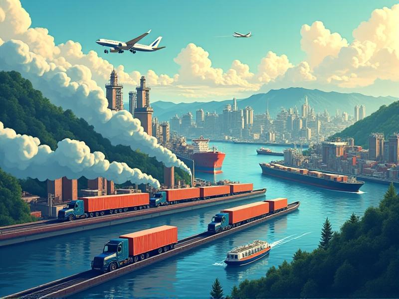 A dynamic illustration of various modes of transportation used in commercial logistics, including trucks, ships, airplanes, and trains. The image emphasizes the carbon emissions produced by each mode, with smokestacks and exhaust fumes depicted in shades of gray and black. The background features a map with highlighted shipping routes, symbolizing the global nature of commercial transportation.