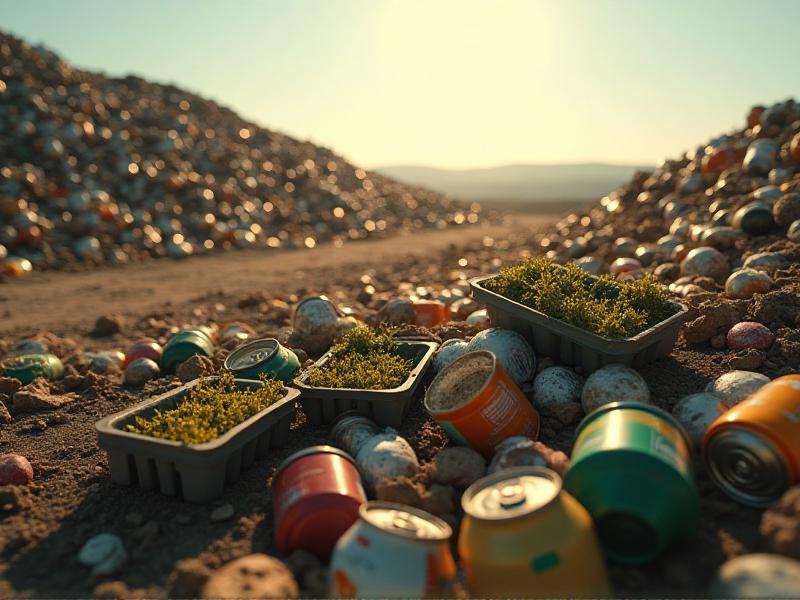 A stark image of plastic waste in a landfill, with discarded microgreen trays and clamshells scattered among other trash. The scene is illuminated by harsh sunlight, emphasizing the environmental toll of non-sustainable packaging.