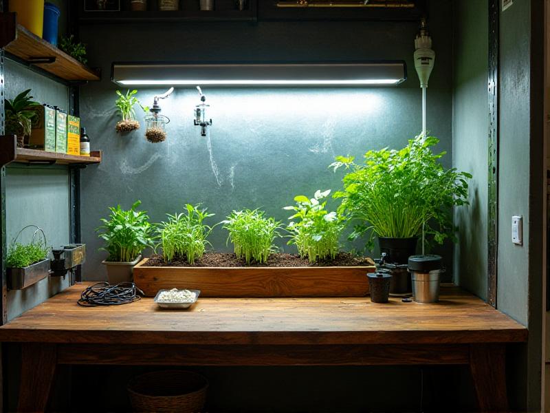 An array of farming equipment for a closet-to-farm conversion, including LED grow lights, drip irrigation systems, vertical shelving, and organic soil, neatly arranged on a wooden table.