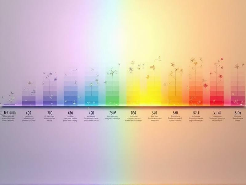 A detailed color chart illustrating the different wavelengths of LED light, from deep blue to far red. The chart is labeled with specific nanometer ranges and their corresponding effects on plant growth. The background is a gradient of soft pastel colors, creating a visually appealing and educational graphic for indoor gardeners.