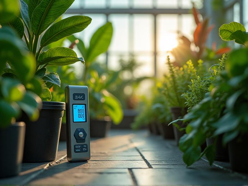 A close-up of a PAR meter in a lush greenhouse filled with vibrant green plants. The meter displays a reading of 800 µmol/m²/s, while the plants are bathed in a mix of natural sunlight and supplemental LED grow lights. The scene is vibrant and full of life.