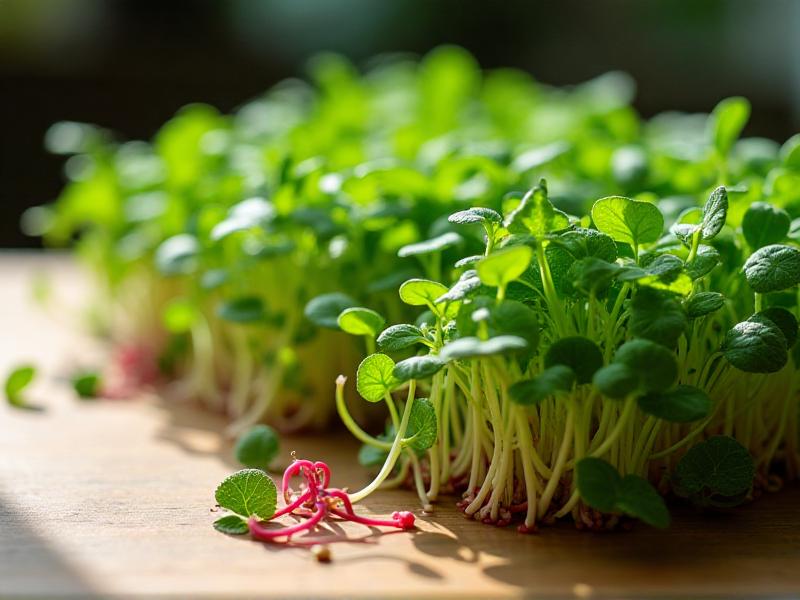 An assortment of microgreens displayed on a wooden table, including broccoli, radish, and pea shoots. The image captures their vibrant colors and textures, with a focus on the nutrient-dense leaves and stems under soft, natural lighting.