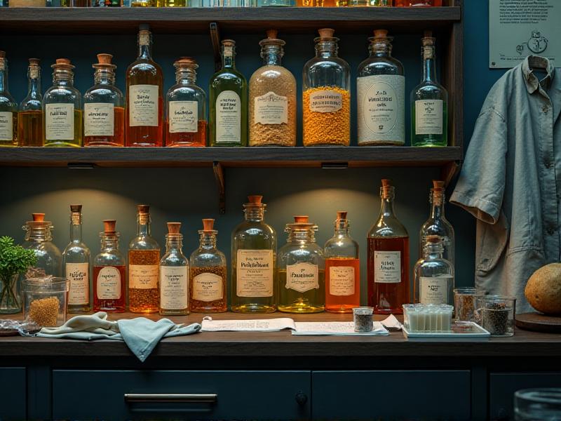 A laboratory setting with various bottles and containers labeled with fungicide ingredients like copper, sulfur, and potassium bicarbonate, highlighting the science behind food-safe formulations.