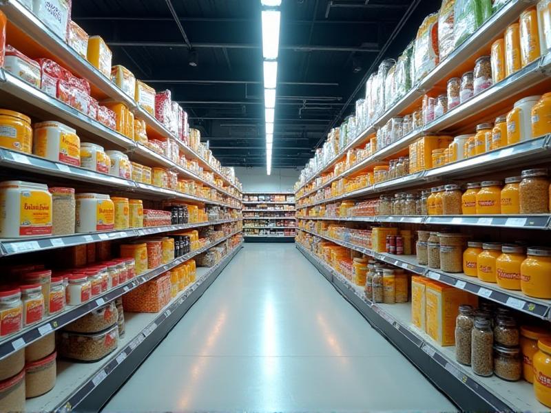 A wide-angle view of a grocery store aisle filled with white label products, showcasing a variety of food items with custom branding, under bright fluorescent lighting that highlights the vibrant colors of the packaging.