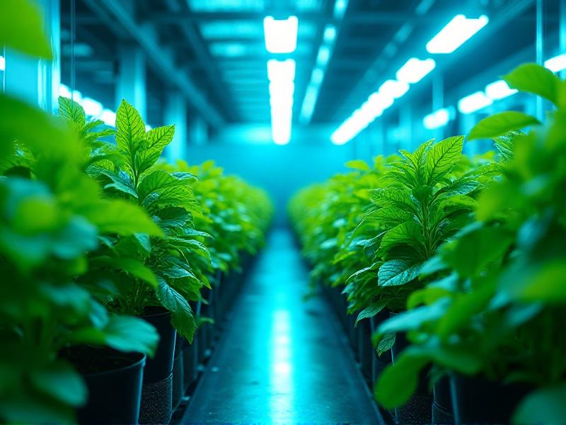 A modern greenhouse filled with rows of lush, green plants under the glow of UV lamps. The image highlights the controlled environment, with the UV light casting a soft blue hue over the plants, emphasizing the innovative approach to enhancing crop nutrition.
