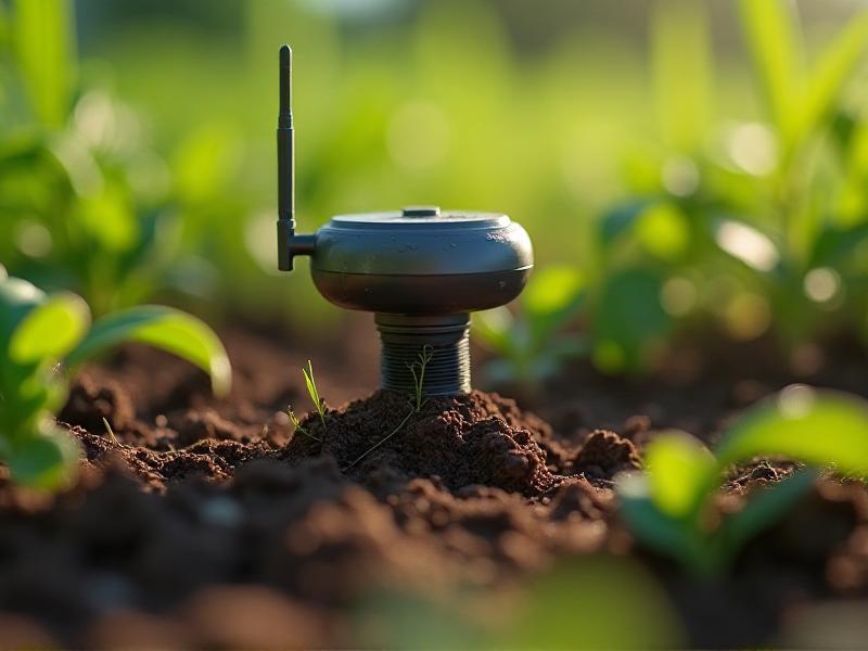 A close-up of a modern IoT soil sensor embedded in the soil. The sensor is a sleek, cylindrical device with a weather-resistant casing and an antenna for wireless communication. The surrounding soil is dark and rich, with small roots visible, highlighting the sensor's role in monitoring soil health in a natural agricultural setting.