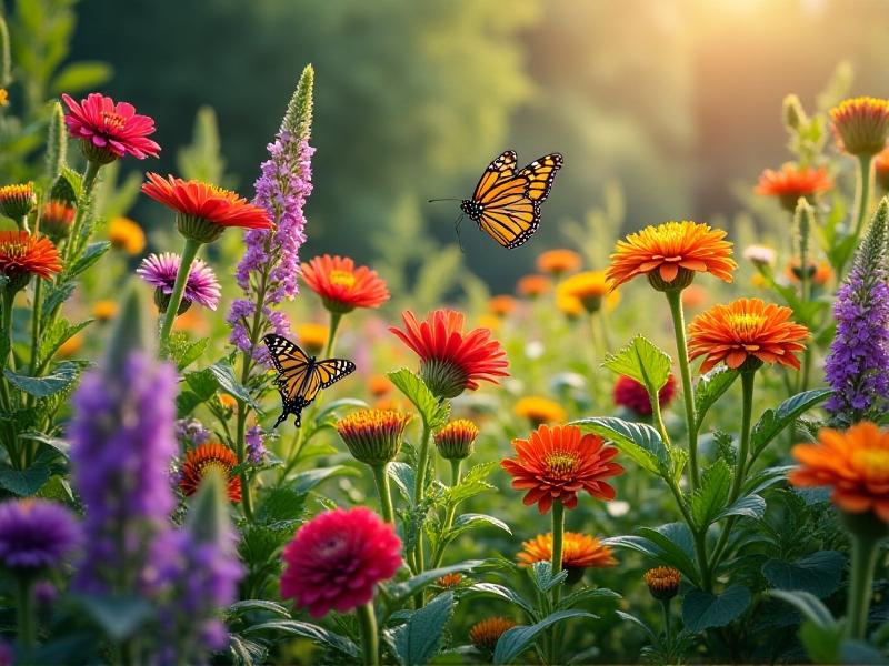A thriving garden with diverse plant species, butterflies, and bees pollinating flowers. The image showcases the environmental benefits of Integrated Pest Management, including biodiversity and sustainable practices.
