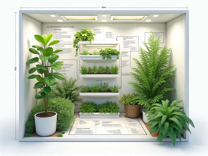 A detailed blueprint of a closet-to-farm conversion, featuring a layout with labeled sections for plants, lighting, and irrigation, set against a clean, white background.