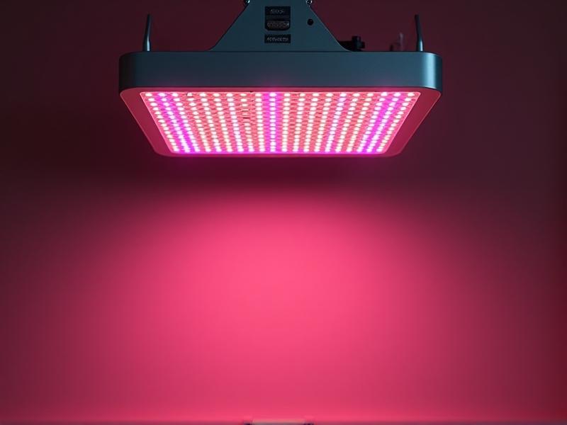 A close-up of a modern LED grow light with adjustable arms, showcasing its control panel with brightness and timer settings. The light emits a soft, full-spectrum glow, highlighting its sleek design and user-friendly features.