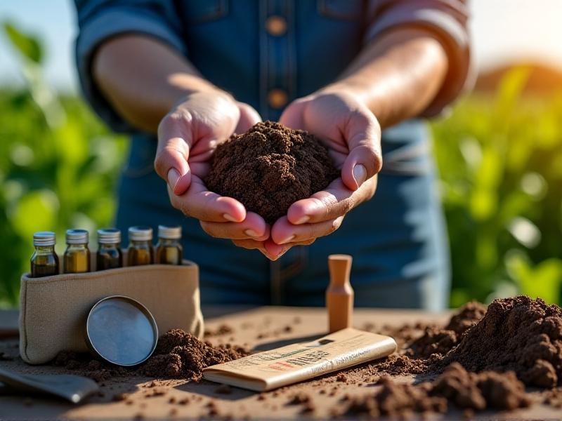 A close-up of a farmer’s hands holding a soil sample in a field, with a soil testing kit and tools nearby, emphasizing the importance of soil quality in seed density calculations.