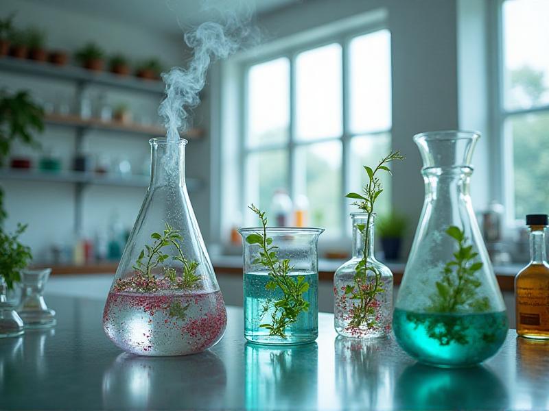 A laboratory-style setup with glass beakers and distillation equipment, featuring microgreen byproducts being infused into a clear spirit, with a focus on the intricate details of the process.