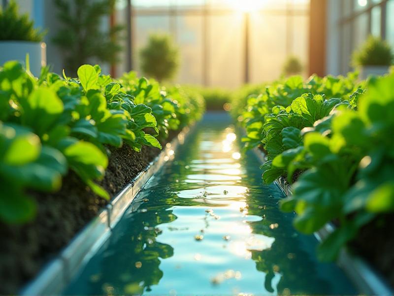 An operational Nutrient Film Technique system with plants growing in shallow, sloped channels. The image captures the thin film of nutrient solution flowing over the roots of the plants, with a pump and reservoir visible in the background. The setup is sleek, space-efficient, and ideal for continuous production of leafy greens and herbs.