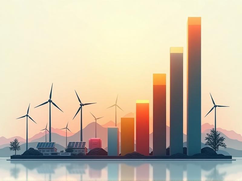 A bar chart comparing the carbon emissions from different energy sources used in commercial operations, including coal, natural gas, oil, solar, wind, and hydropower. The chart highlights the significant difference in emissions between fossil fuels and renewable energy sources. The background features a stylized power plant with solar panels and wind turbines, symbolizing the transition to cleaner energy.
