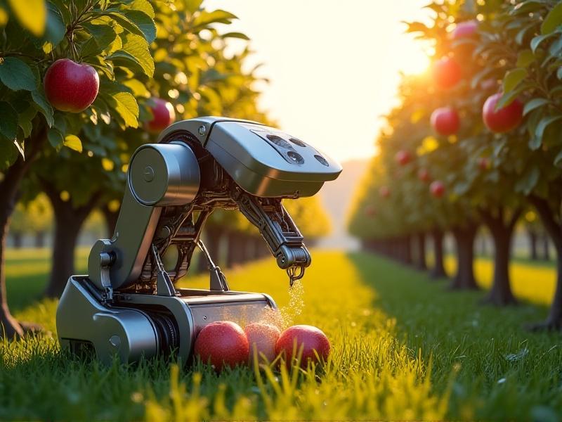 An advanced fruit-picking machine in a lush, green orchard, with rows of apple trees laden with ripe, red apples. The machine features robotic arms with soft grippers, carefully plucking fruits and placing them into a collection bin, under the warm glow of the afternoon sun.
