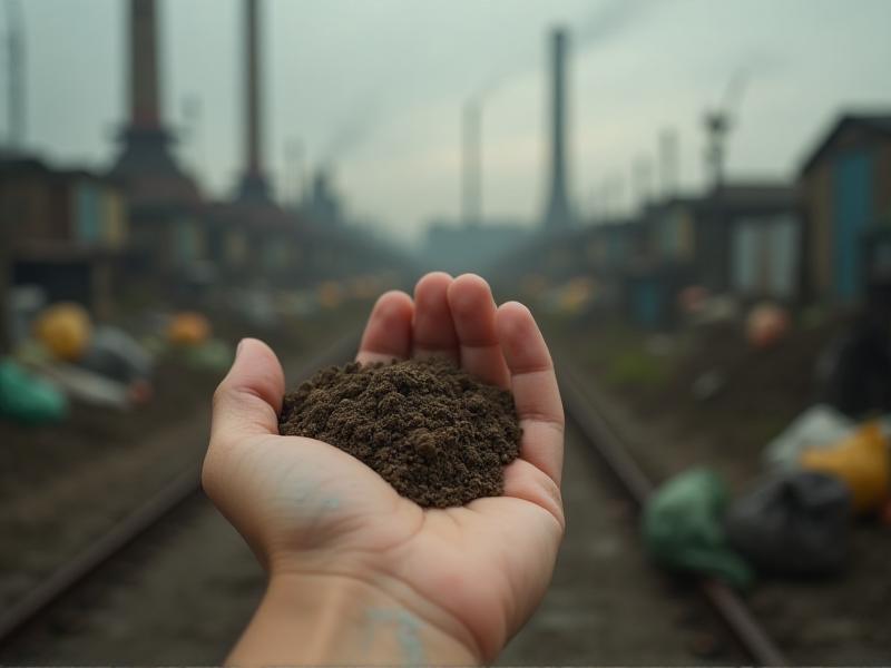 A close-up of a child’s hand holding soil, with a blurred background showing a polluted urban environment. The image emphasizes the vulnerability of children to soil contamination, with a somber mood and earthy tones.