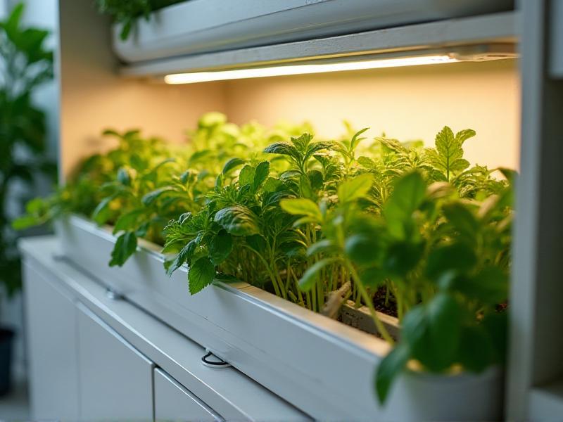 A detailed close-up of essential hydroponic components, including a water pump, LED grow lights, nutrient solution, and plant trays, arranged neatly inside an IKEA cabinet.
