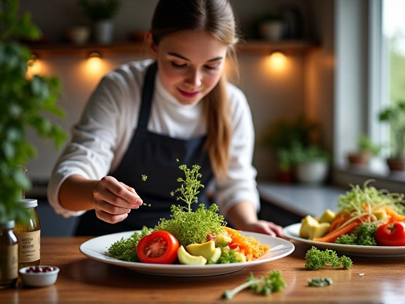 A chef’s hand sprinkling fresh microgreens over a colorful salad in a white ceramic bowl, with a variety of vegetables and a drizzle of olive oil in the background.