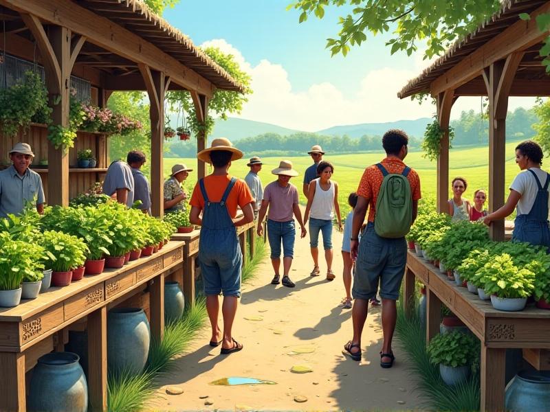 A bustling farmers market scene with a variety of fresh produce on display, including colorful microgreens in small containers, surrounded by happy shoppers and local farmers engaging in conversation, under a bright sunny sky with a backdrop of lush green fields.