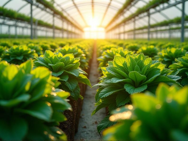 A vibrant greenhouse filled with rows of healthy plants, with an automated nutrient dosing controller visible in the background. The plants are lush and green, showcasing the benefits of precise nutrient management. The scene is bright and inviting, with natural light streaming through the greenhouse windows, emphasizing the positive impact of automation on plant growth.