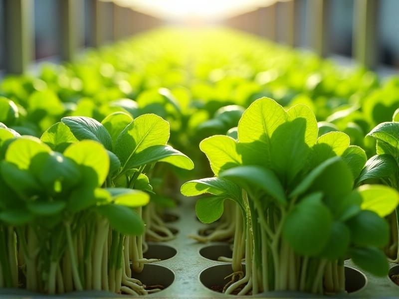 A lush tray of microgreens growing in an aeroponic setup, with vibrant green leaves and healthy white roots visible. The image emphasizes the efficiency and sustainability of aeroponic microgreen cultivation.