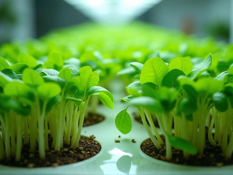 A detailed image of microgreens growing under LED lights in a controlled indoor environment. The image shows the lush green leaves and delicate stems, with a focus on the hydroponic system and the nutrient-rich water feeding the plants.