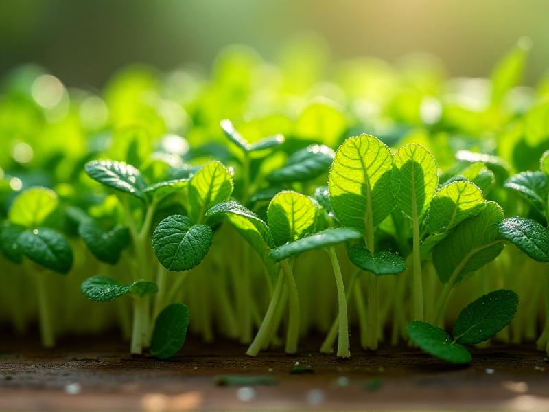 Close-up of fresh microgreens with water droplets, showcasing their delicate leaves and vibrant green color, set against a rustic wooden background.