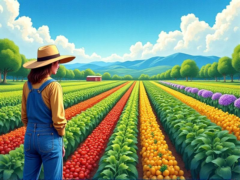 A panoramic view of a sustainable farm with rows of diverse crops, lush green fields under a bright blue sky, and a farmer in the distance tending to the plants, showcasing the harmony between agriculture and nature.