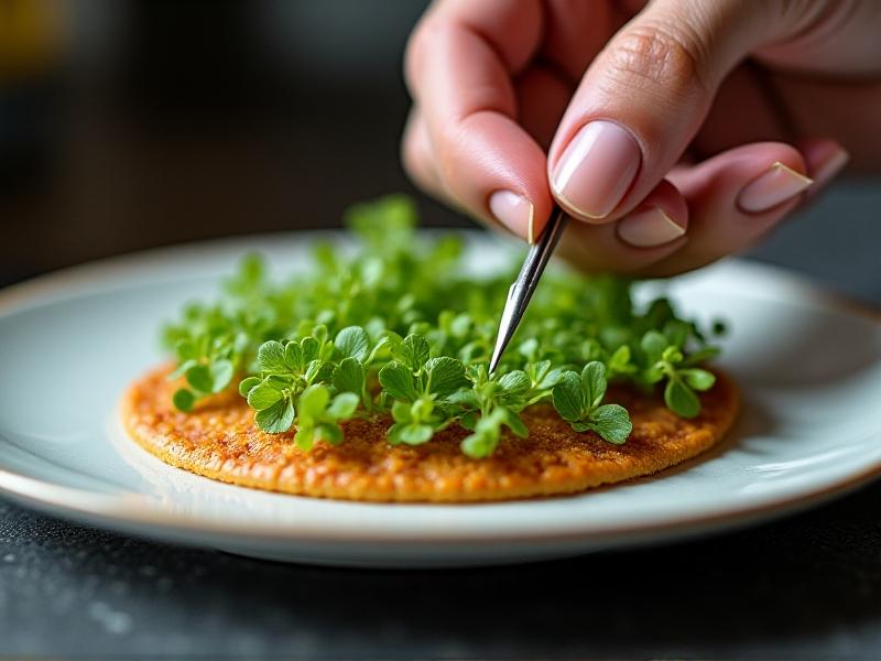 A chef’s hand using tweezers to carefully place microgreens on a dish. The microgreens are arranged in a precise, artistic pattern, with the dish’s vibrant colors and textures creating a stunning visual contrast. The image is lit with soft, focused lighting that highlights the chef’s attention to detail.